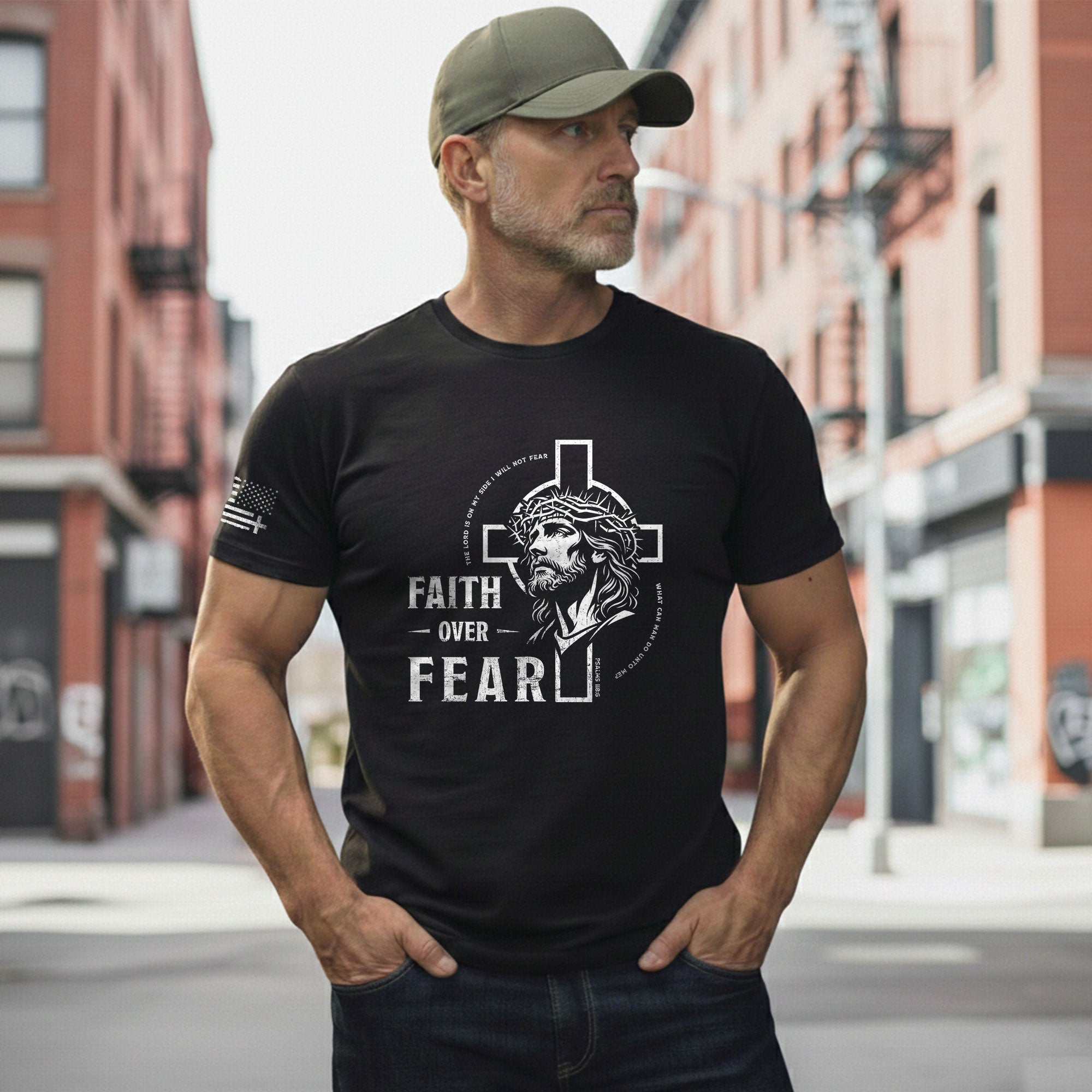 Faith Based Christian Tee Shirts, Faith Over Fear Christian Jesus Cross Crown of Thorns Design - Christian Shirts for Men - Rust Field Wear
