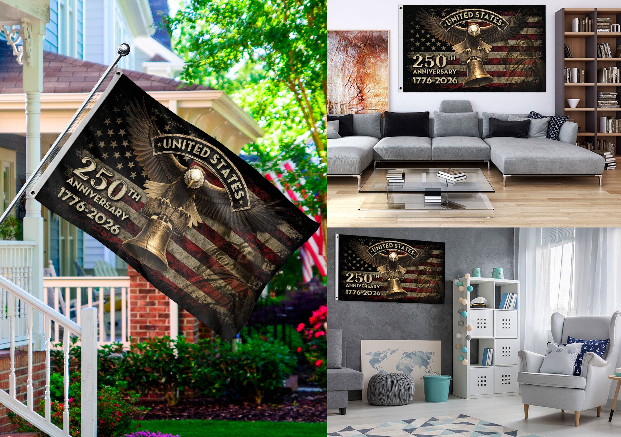 United States 250th Anniversary Flag 1776–2026 – Eagle & Liberty Bell Patriotic Décor