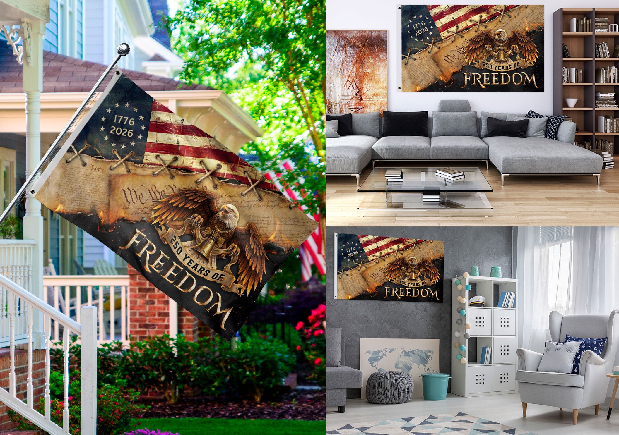 250 Years of Freedom Double-Sided House Flag, USA 250th Anniversary Patriotic American Eagle Flag