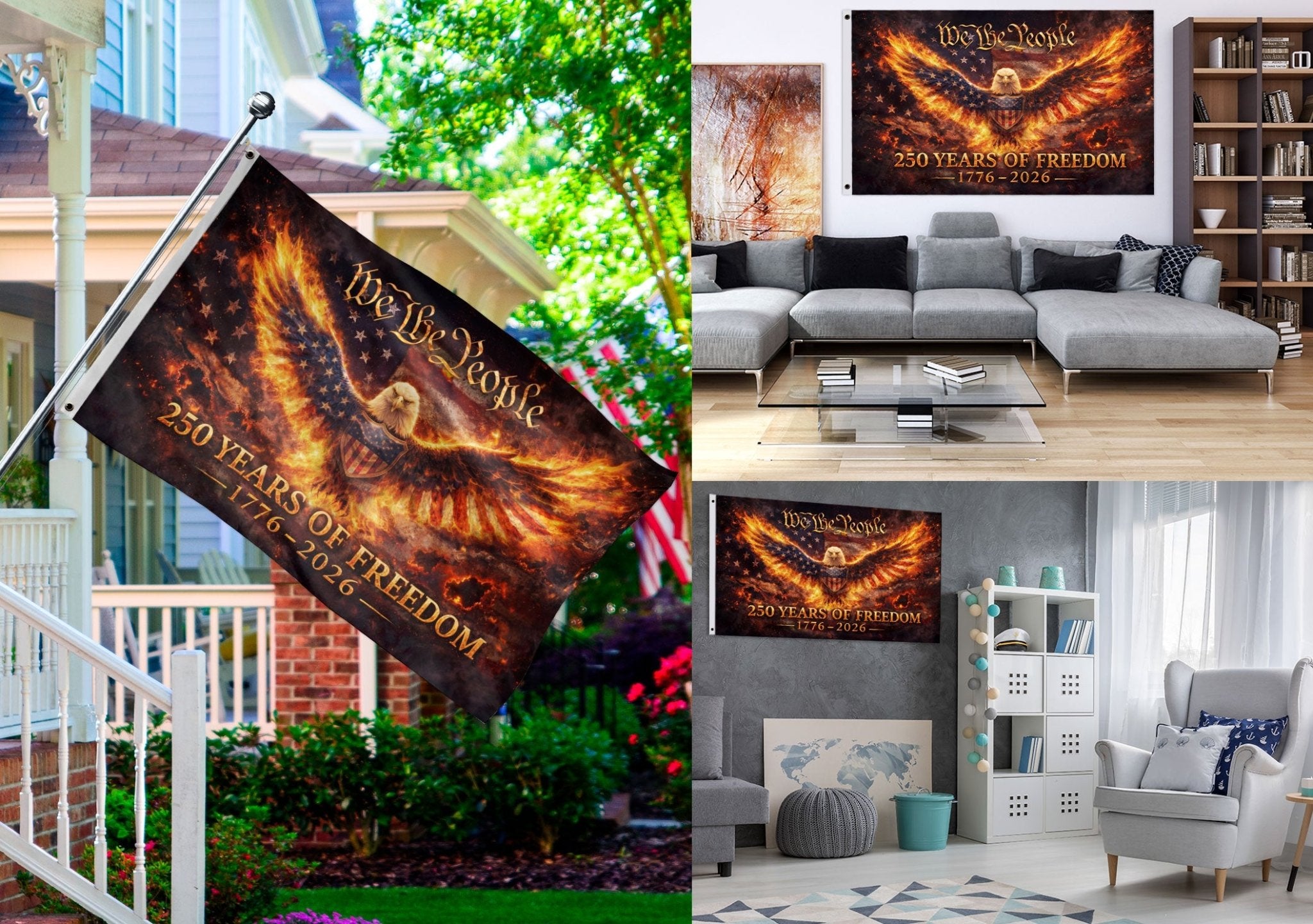 USA 250 Years of Freedom Flag 1776-2026 Flaming Eagle Strength We The People Patriotic Outdoor - Rust Field Wear
