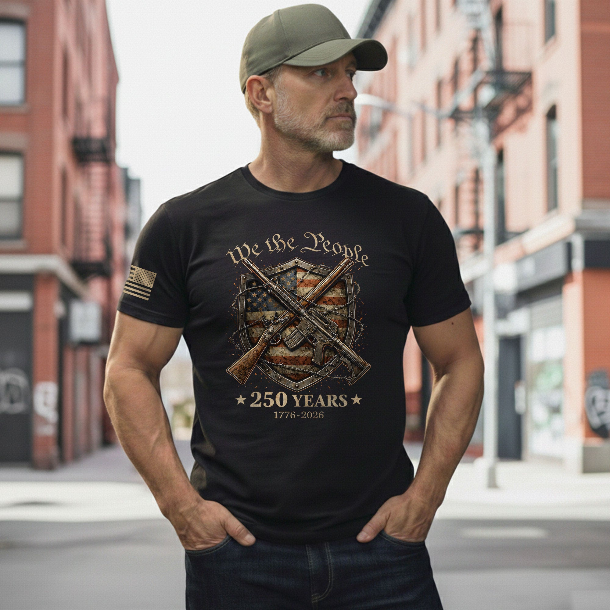 USA 250th Anniversary 250 Years Shirt 1776-2026 We The People Shield Rifles Patriotic Mental Iron Will - Rust Field Wear