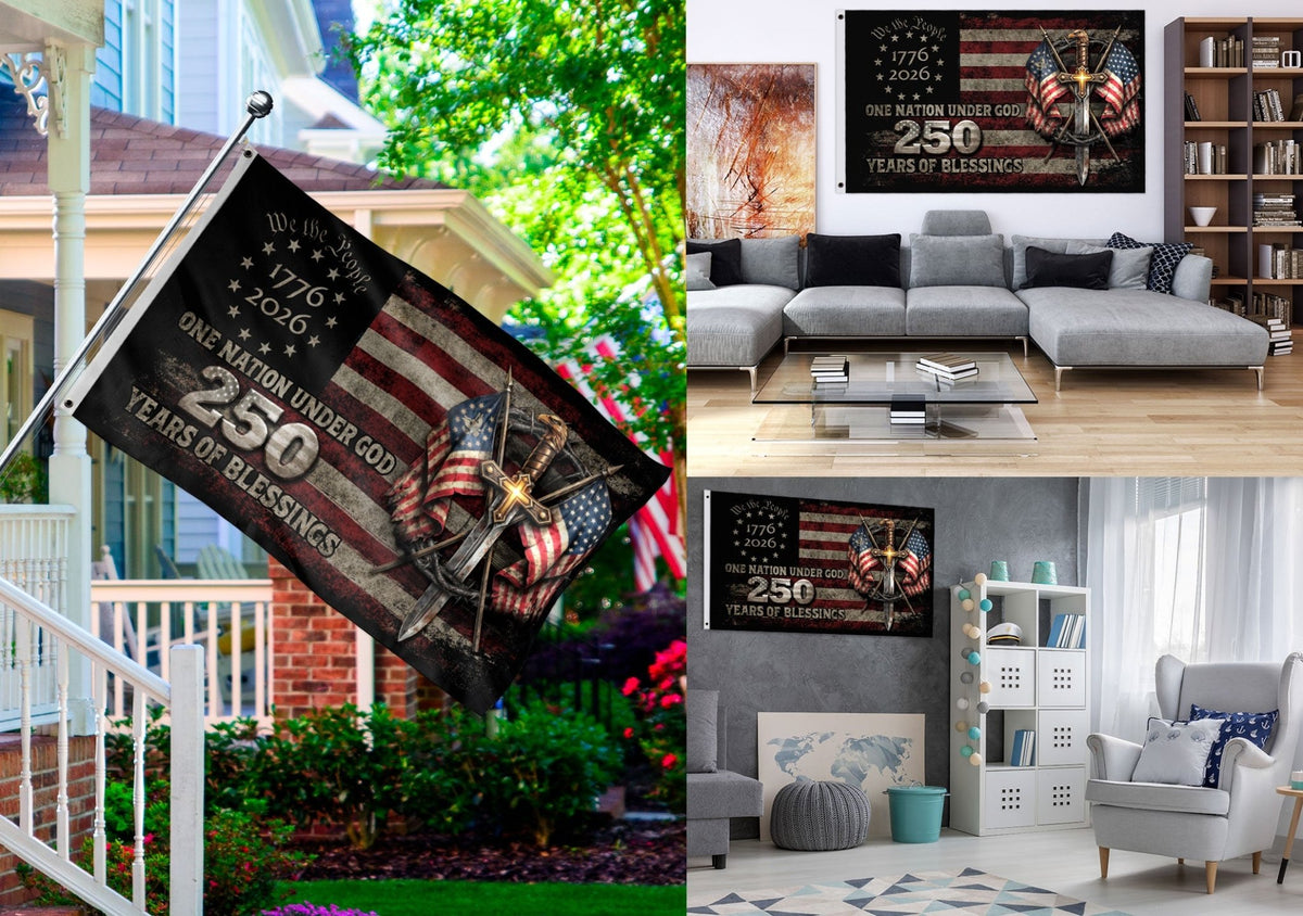 250 Years America Anniversary Flag 1776–2026 Christian Patriotic Decor - Rust Field Wear