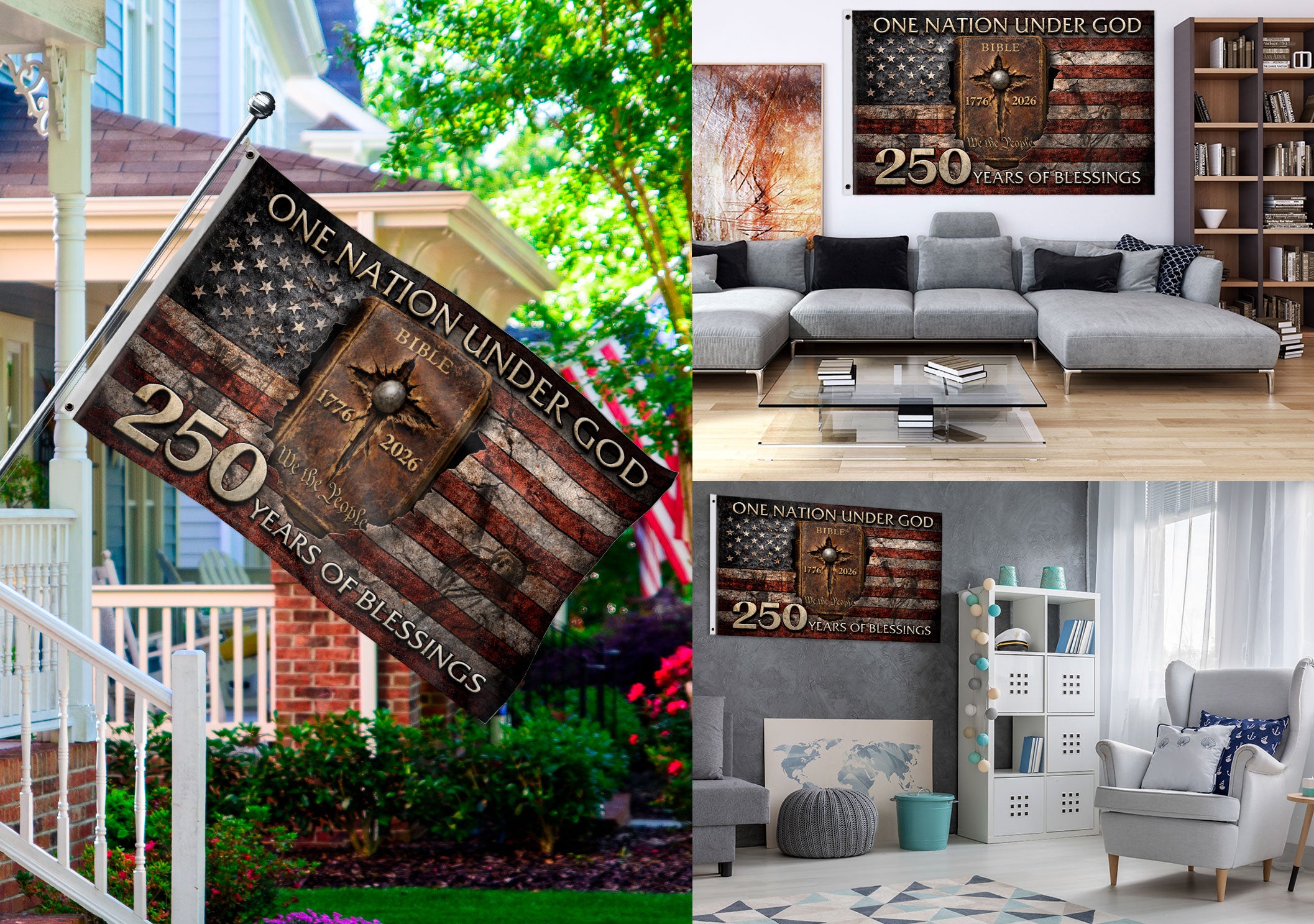 Patriotic USA 250th Celebration Christian Flag Faith Inspired Decor