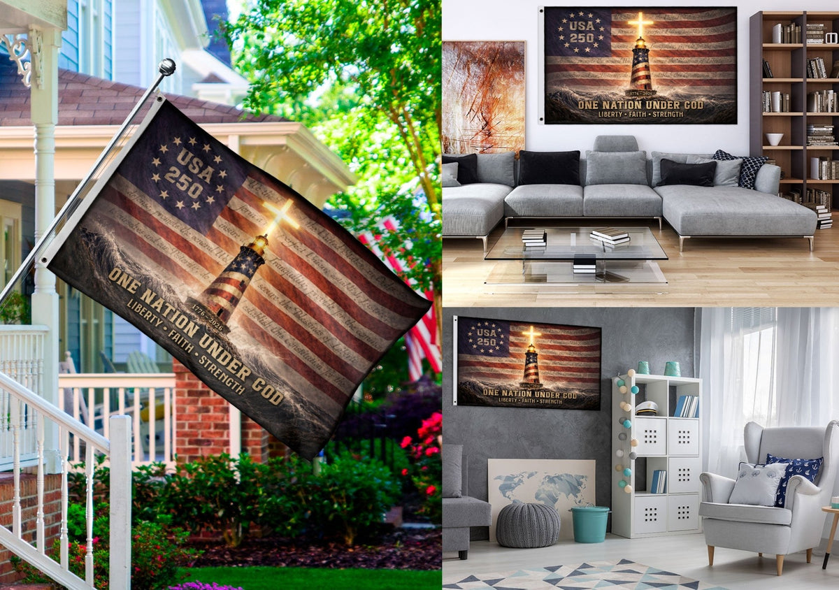 USA 250 Lighthouse Cross Flag – One Nation Under God Christian Patriotic Outdoor Flag 1776–2026 - Rust Field Wear
