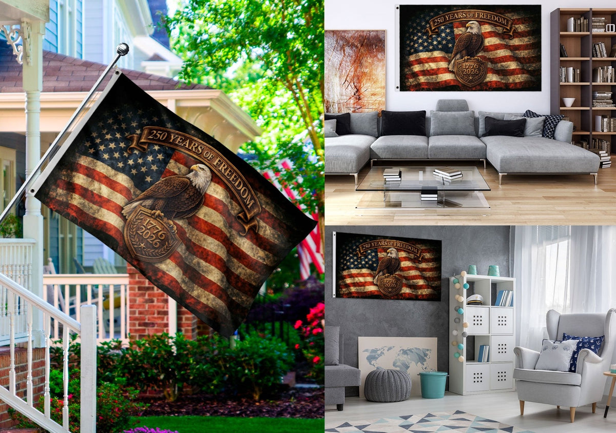 USA 250 Years of Freedom Flag 1776–2026 – Patriotic Eagle American Anniversary Flag - Rust Field Wear