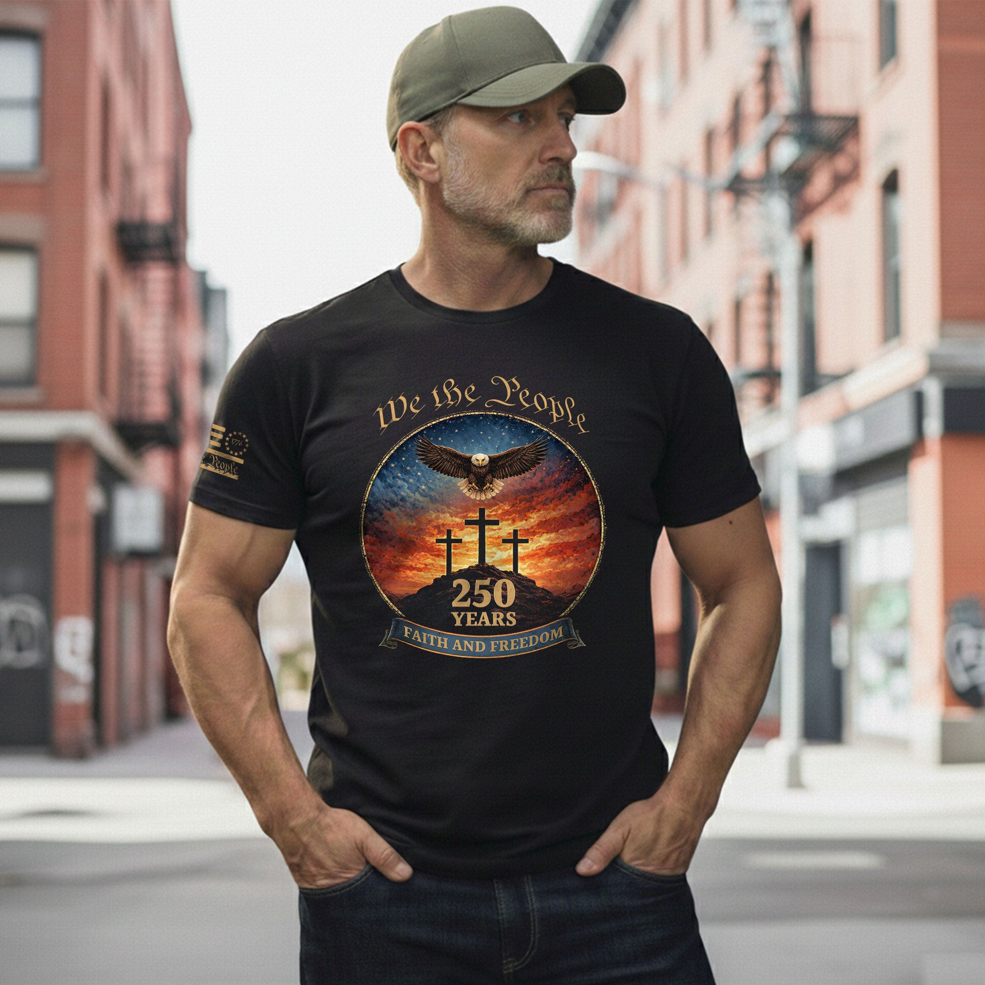 We the People 250th Anniversary T-Shirt - Christian American Patriot Eagle Soaring Over Three Crosses Design - Rust Field Wear