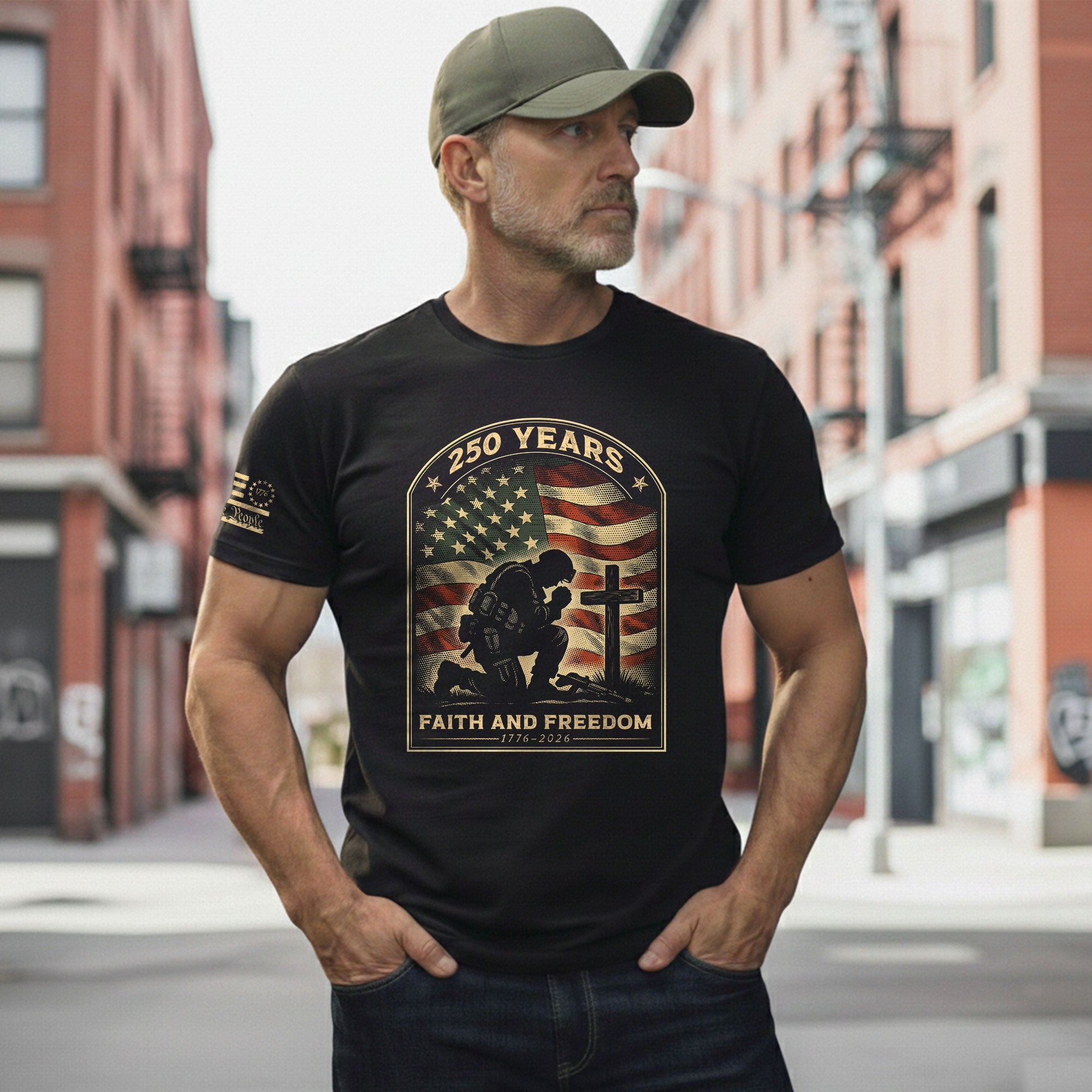 Faith and Freedom 250 Years 250th Anniversary Patriotic T-Shirt - Kneeling Soldier Prayer & American Flag Graphic Tee - Rust Field Wear