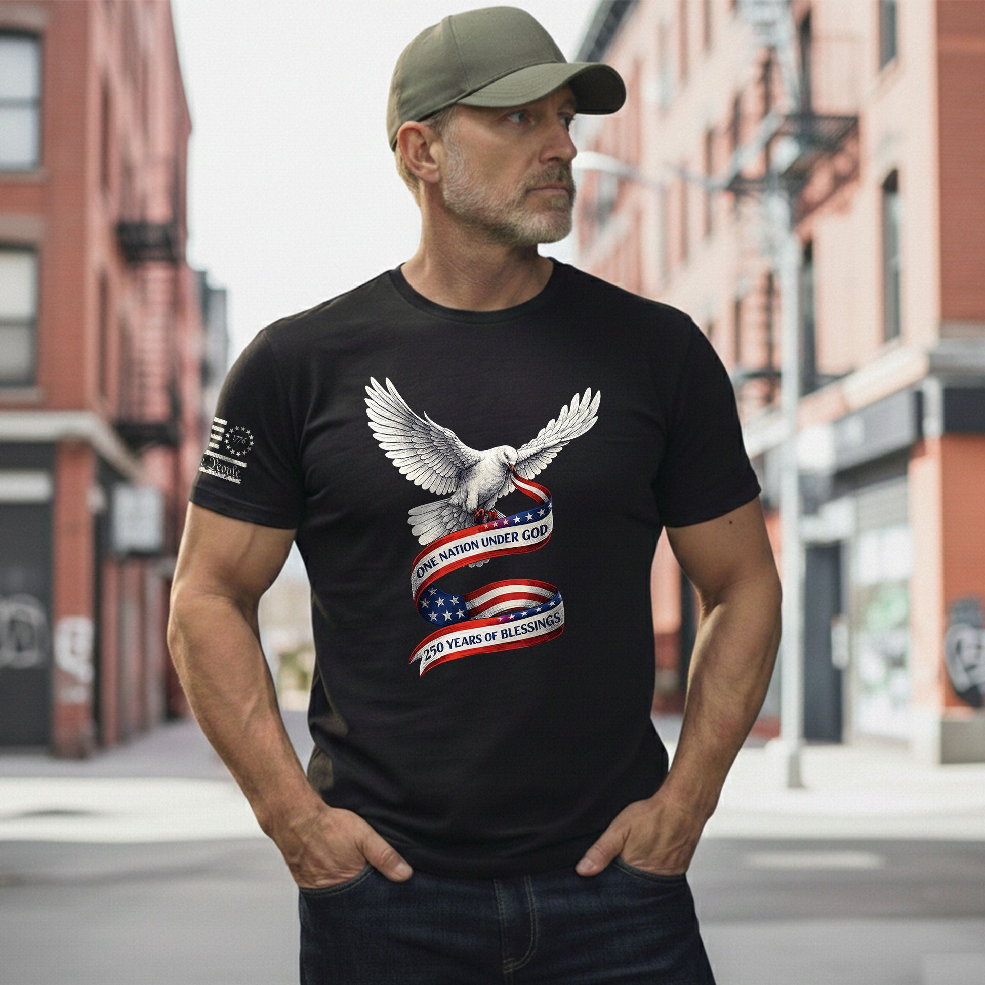 250 Years of Blessings One Nation Under God T-Shirt - Peace Dove Patriotic Graphic Tee - Rust Field Wear
