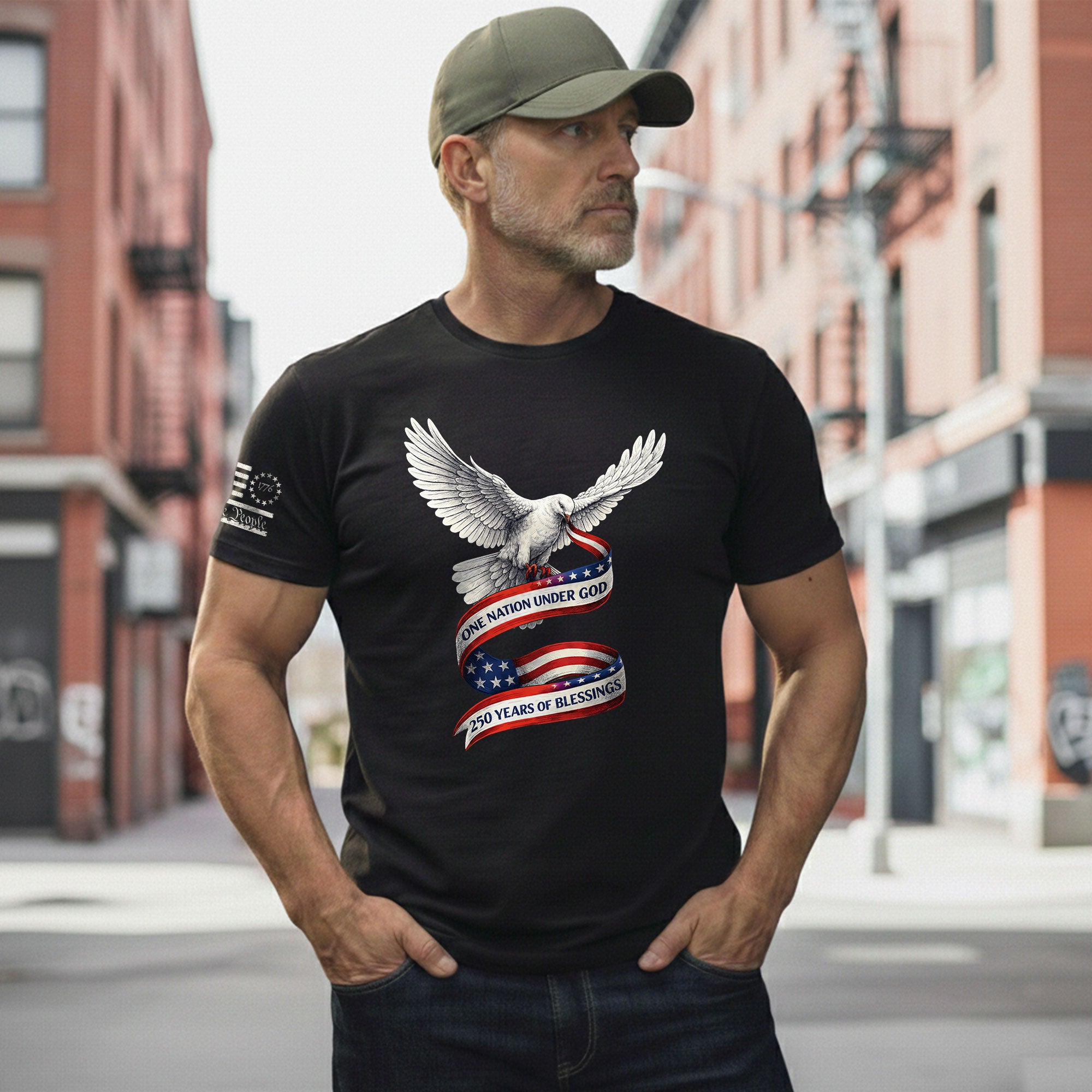250 Years of Blessings One Nation Under God T-Shirt - Peace Dove Patriotic Graphic Tee - Rust Field Wear