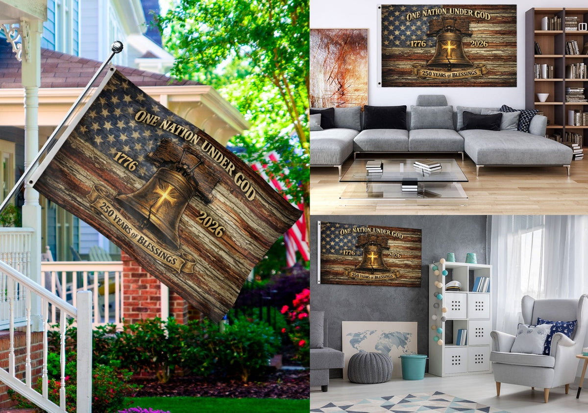 One Nation Under God America 250th Anniversary Flag - 250 Years of Blessings Liberty Bell & Cross Design, 1776-2026 Patriotic Double Sided Flag - Rust Field Wear