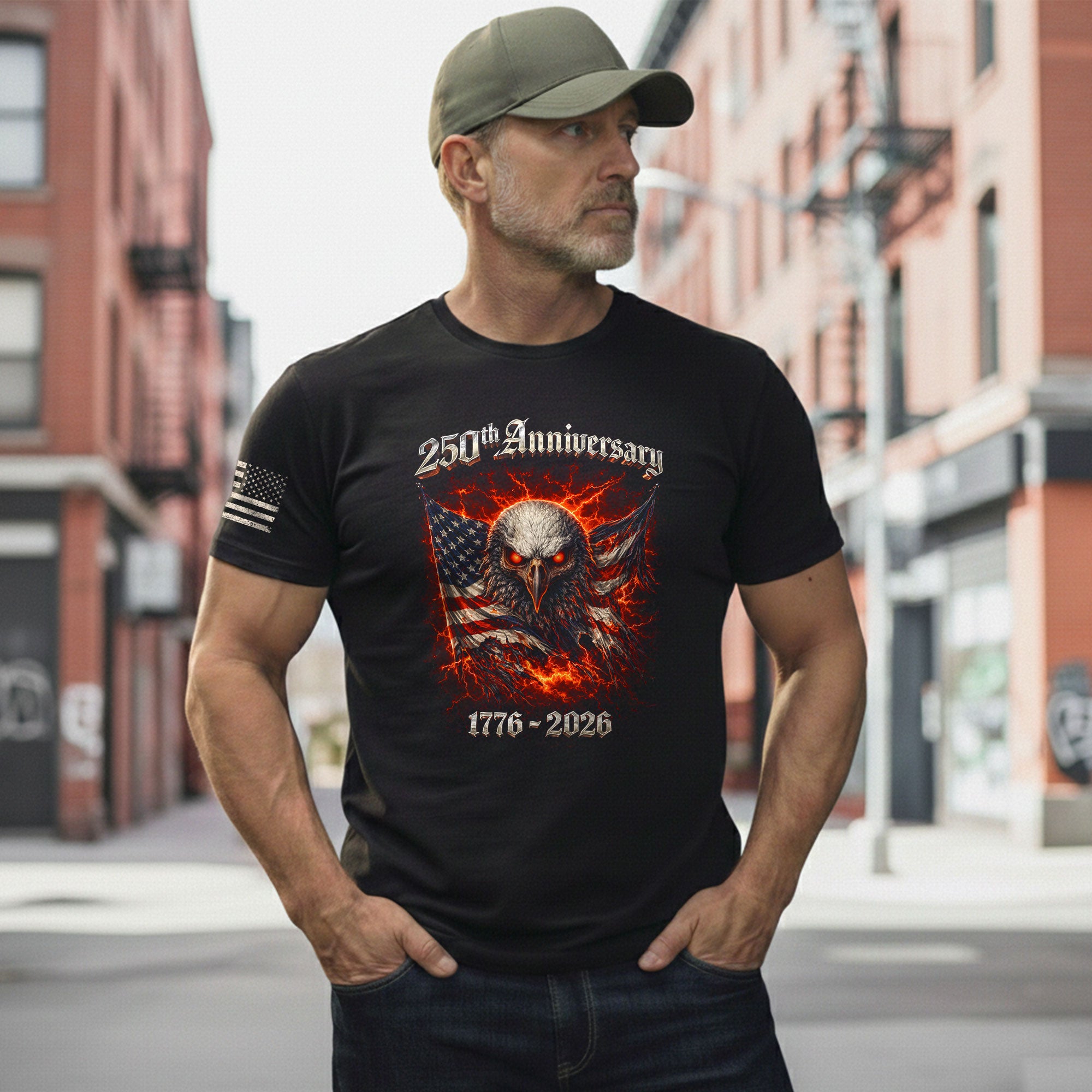 Vintage America 250th Anniversary Bootleg T-Shirt - 1776-2026 Fire Eagle Streetwear Tee, 250 Years Lightning Graphic Shirt - Rust Field Wear