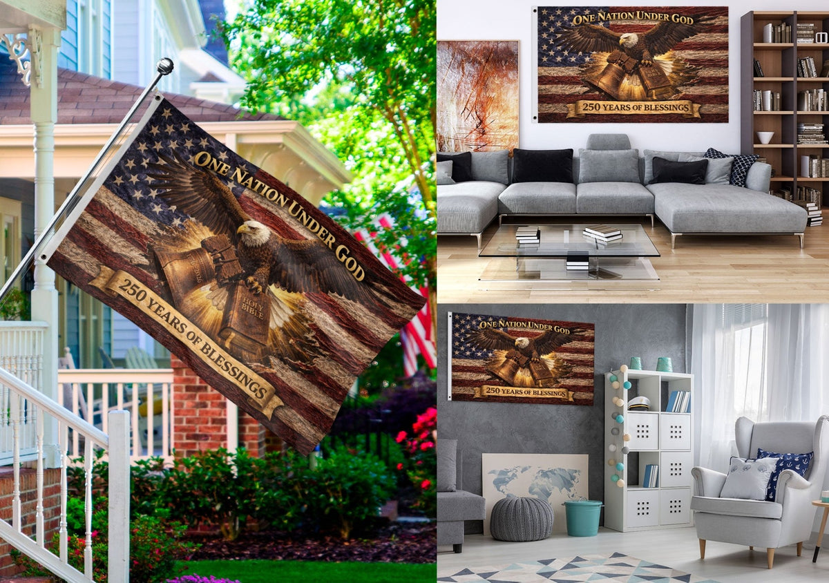 One Nation Under God 250 Years Flag (1776–2026) – Bald Eagle with Holy Bible Patriotic Christian Banner - Rust Field Wear