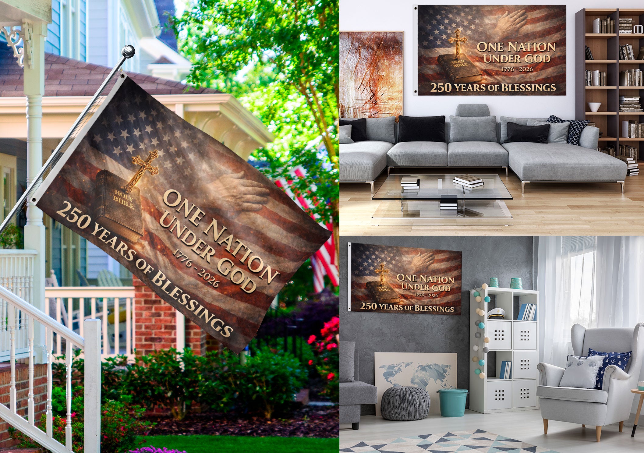 One Nation Under God 250th Anniversary 1776-2026 Patriotic Double Sided House Flag - 250 Years of Blessings Holy Bible & Cross Banner