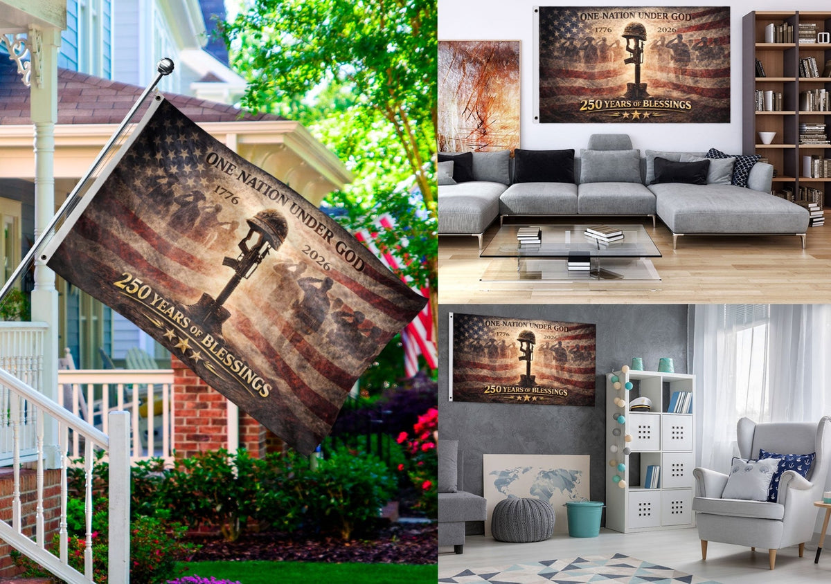 250 Years America Anniversary Military Flag, Double Sided House Banner - Fallen Soldier Battle Cross 1776-2026 - Rust Field Wear