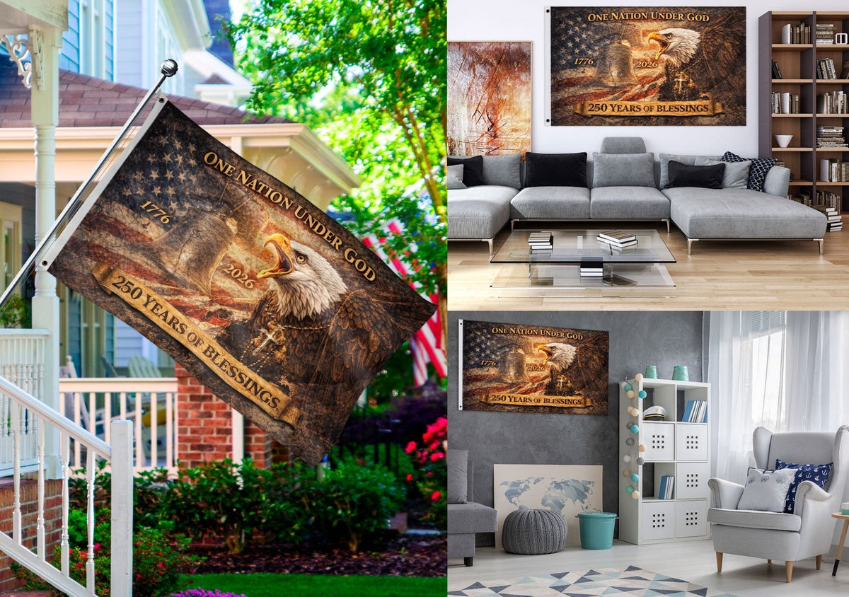 250 Years of Blessings USA Flag, Patriotic Eagle & Liberty Bell - 1776-2026 Double-Sided Banner - Rust Field Wear