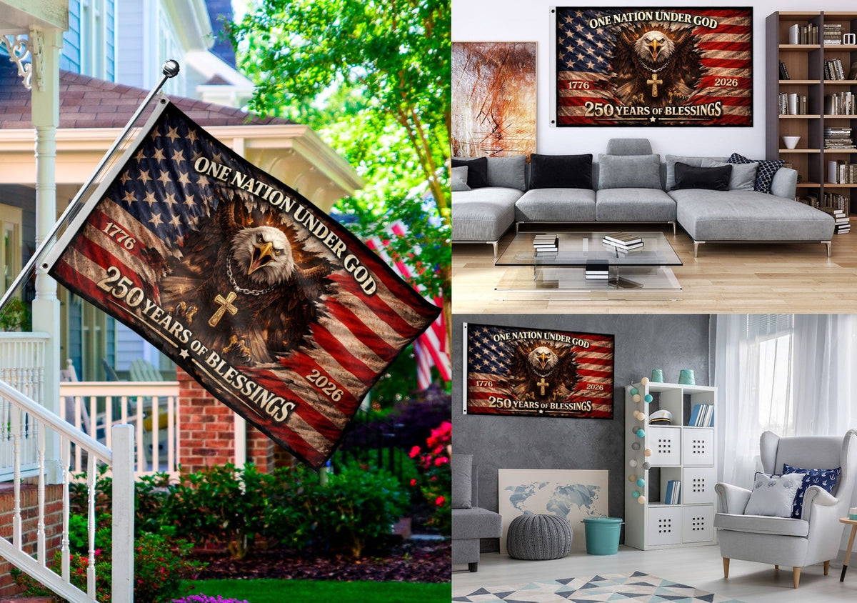One Nation Under God 250th Anniversary Flag (1776–2026) – Bald Eagle and Cross Patriotic Christian Banner - Rust Field Wear