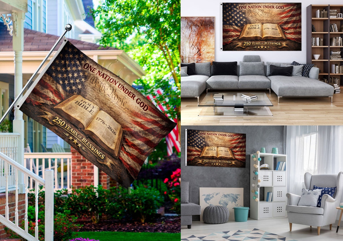 One Nation Under God 250th Anniversary Flag (1776–2026) – Holy Bible and We the People Patriotic Christian Banner - Rust Field Wear