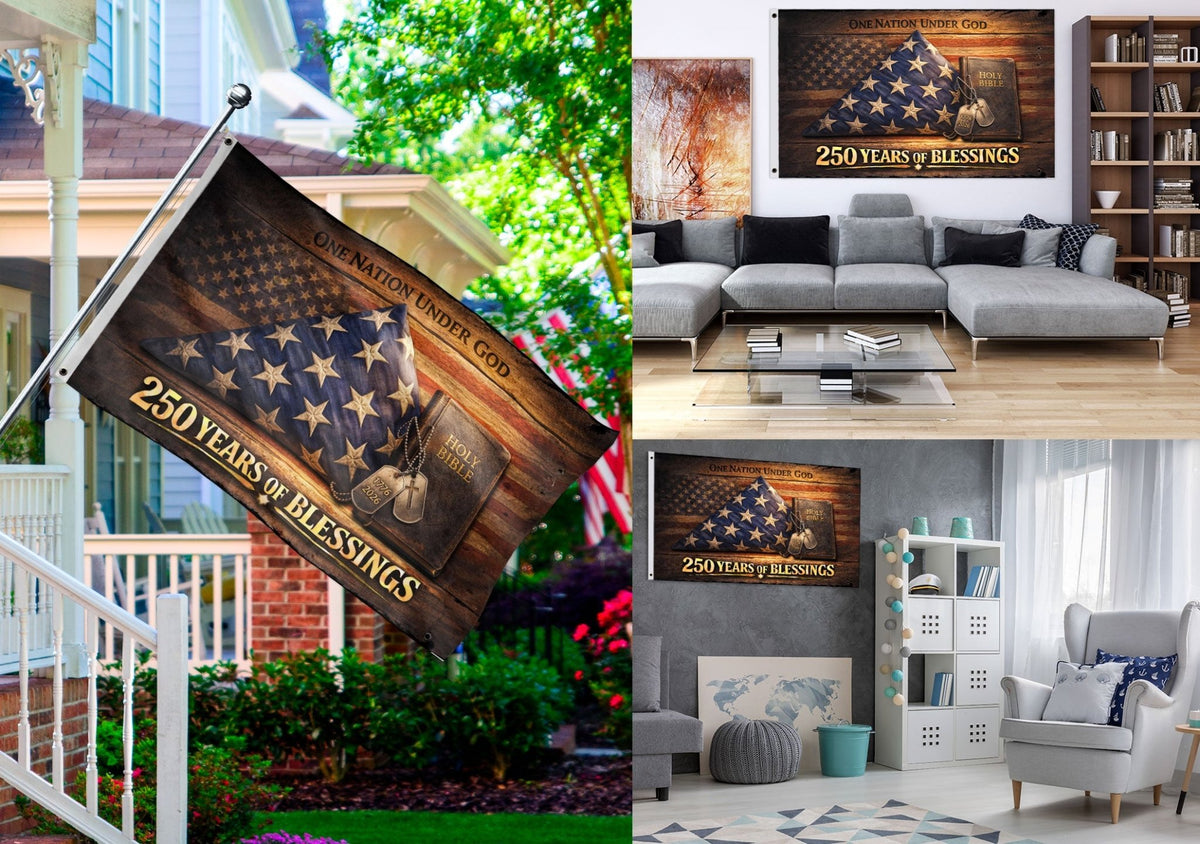 Christian 250 Years America Anniversary Flag, Holy Bible & One Nation Under God 1776-2026 - Double Sided Faith House Banner - Rust Field Wear