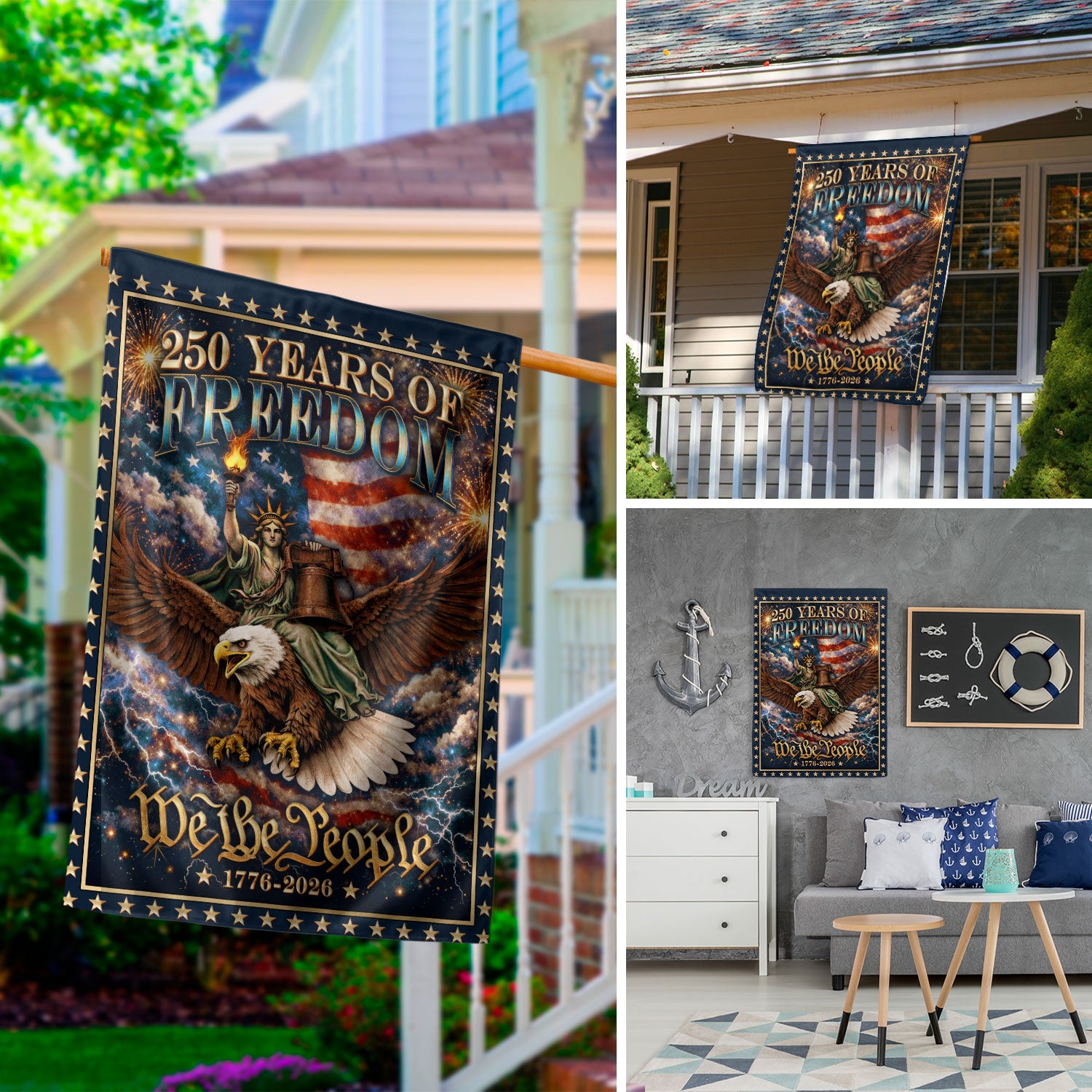 USA 250th Anniversary 1776–2026 House Flag – We The People Statue of Liberty Riding Eagle Double Sided Patriotic Decor