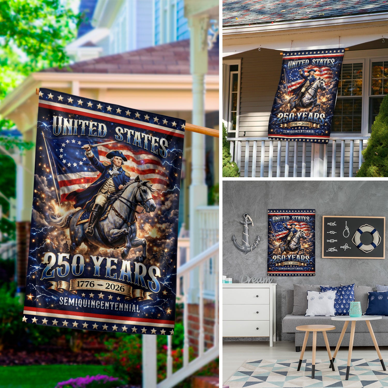 George Washington USA 250th Anniversary 1776–2026 House Flag – American Revolution General on Horse Double Sided Outdoor Decor