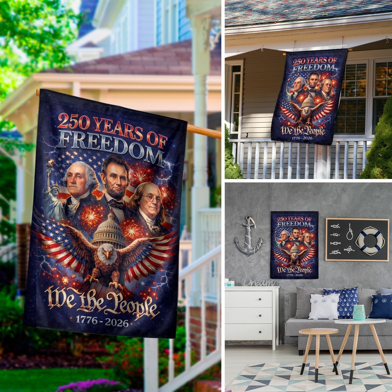 America 250 Years of Freedom 1776-2026 Garden Flag – Founders Washington Lincoln Franklin 250th Anniversary Double Sided Banner - Rust Field Wear