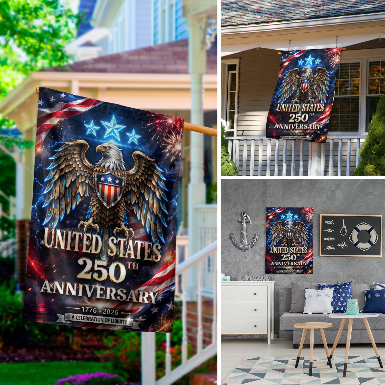 1776-2026 USA 250 Years 250th Anniversary Garden Flag – Bald Eagle & Fireworks Double Sided Patriotic Outdoor Banner