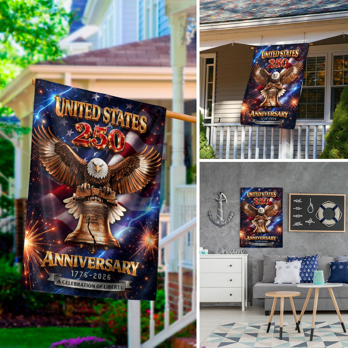 America 250th Anniversary 1776-2026 Garden Flag – Liberty Bell & Bald Eagle 250 Years of Freedom Double Sided Outdoor Banner - Rust Field Wear