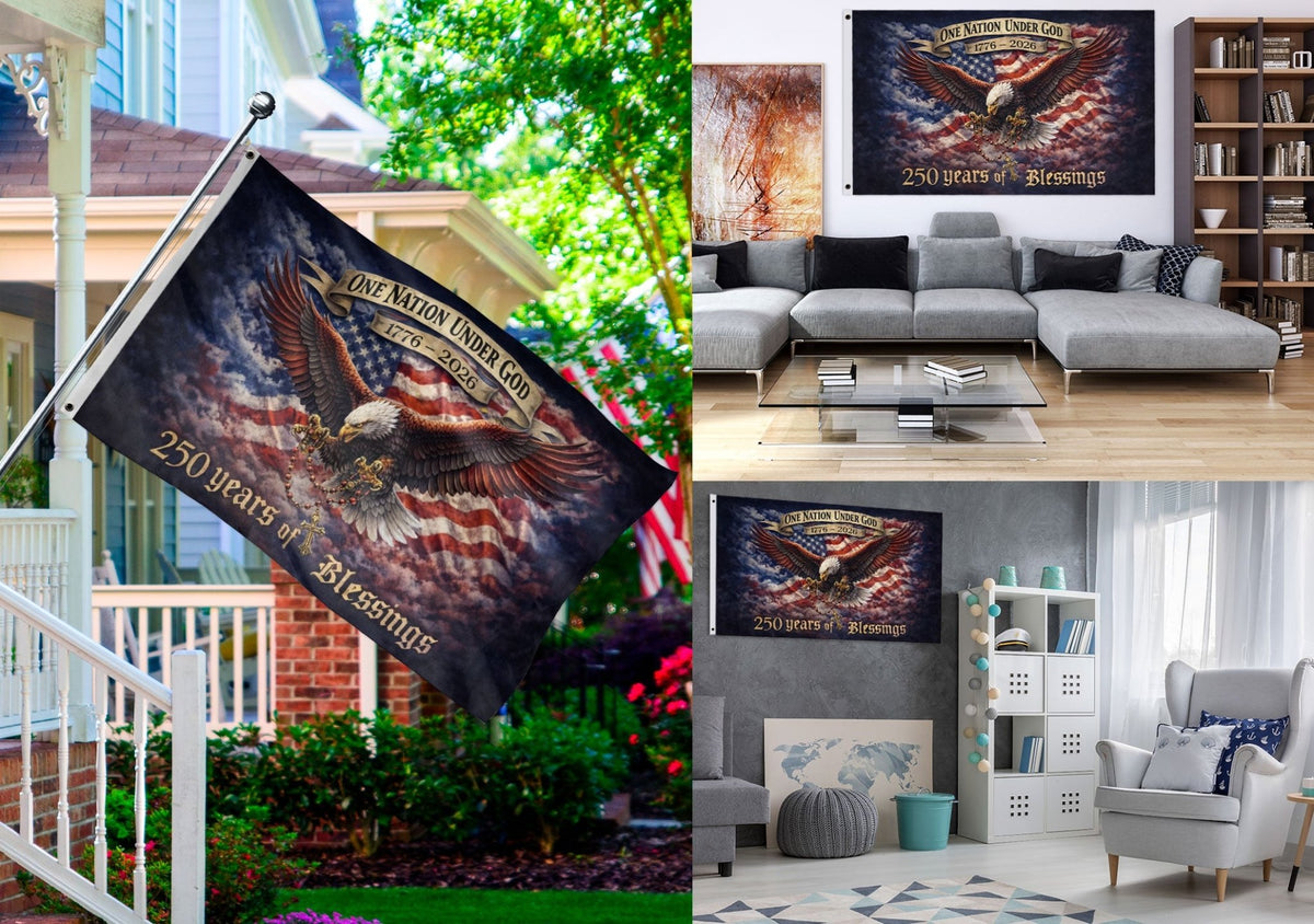 USA 250th Anniversary 1776-2026 Double Sided Flag – Flying Eagle 250 Years of Blessings One Nation Under God Decor - Rust Field Wear