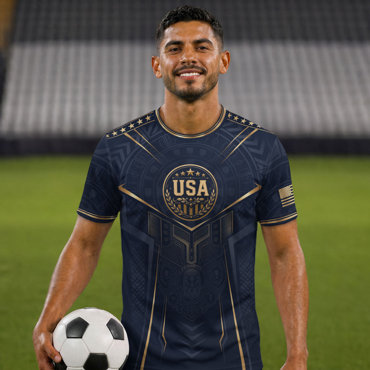 USA Soccer Jersey Navy Gold Eagle Shield Graphic Sports Tee for Soccer Fans - Rust Field Wear