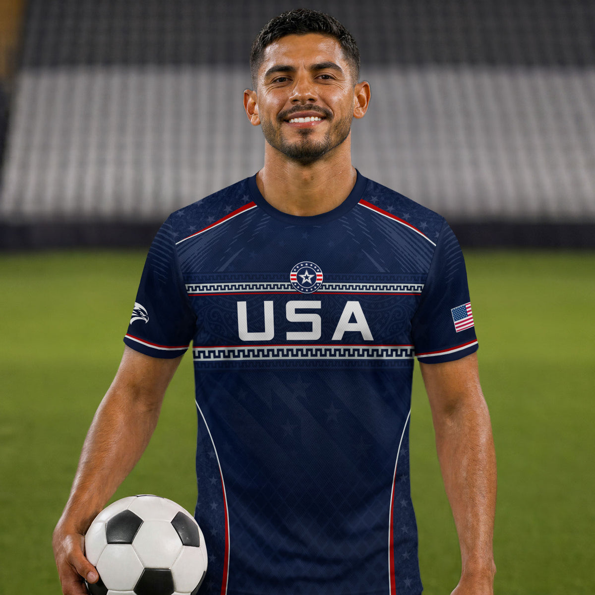 USA Soccer Jersey Navy Patriotic Eagle Graphic Athletic T-Shirt for Soccer Fans - Rust Field Wear