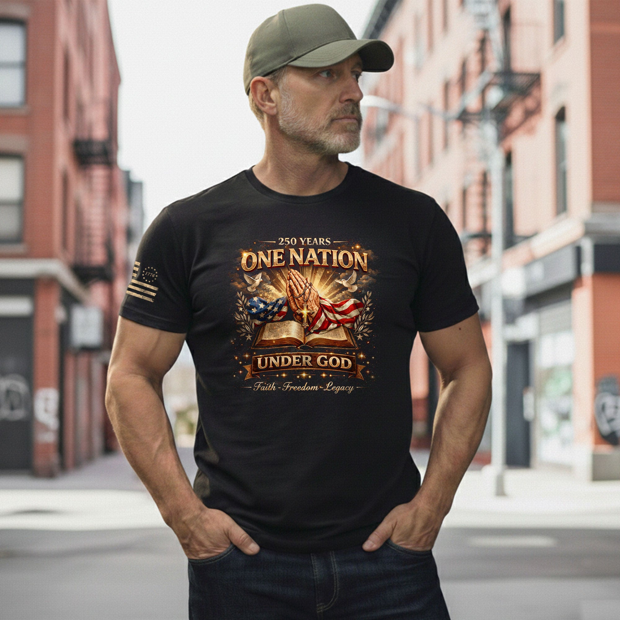 One Nation Under God 250th Birthday of America 1776-2026 T-Shirt – Faith Freedom Legacy Praying Hands Patriotic Merchandise - Rust Field Wear