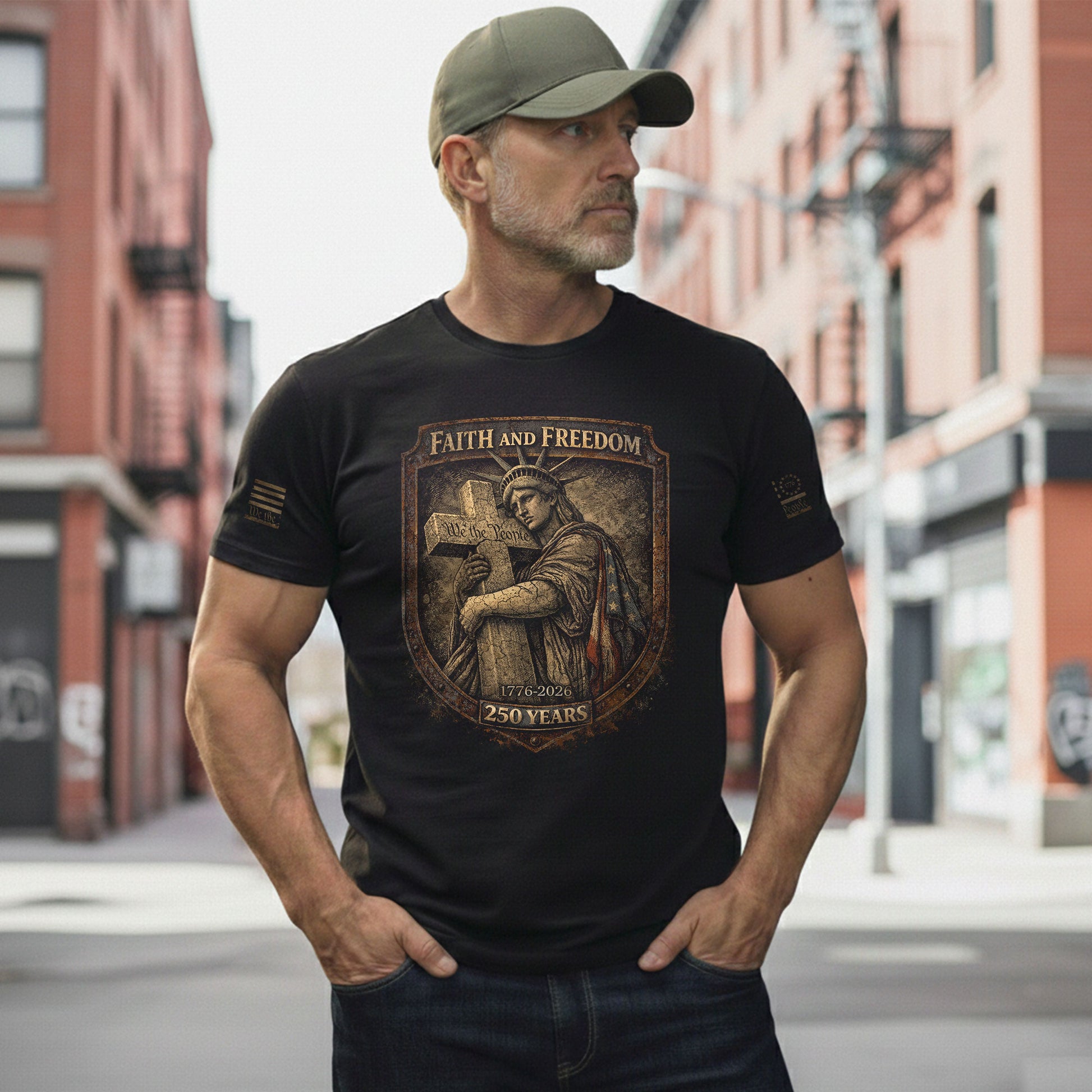 America 250th Anniversary T-Shirt 1776-2026 – Statue of Liberty, Cross & We The People Tee - Rust Field Wear