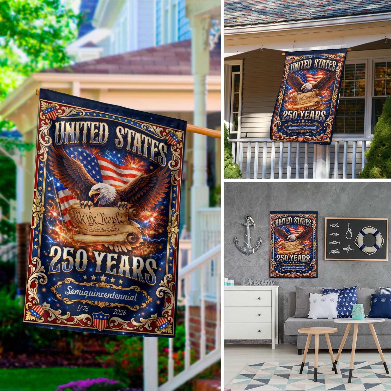USA 250th Anniversary House Flag 1776-2026 – We The People Constitution Double Sided Patriotic Yard Flag