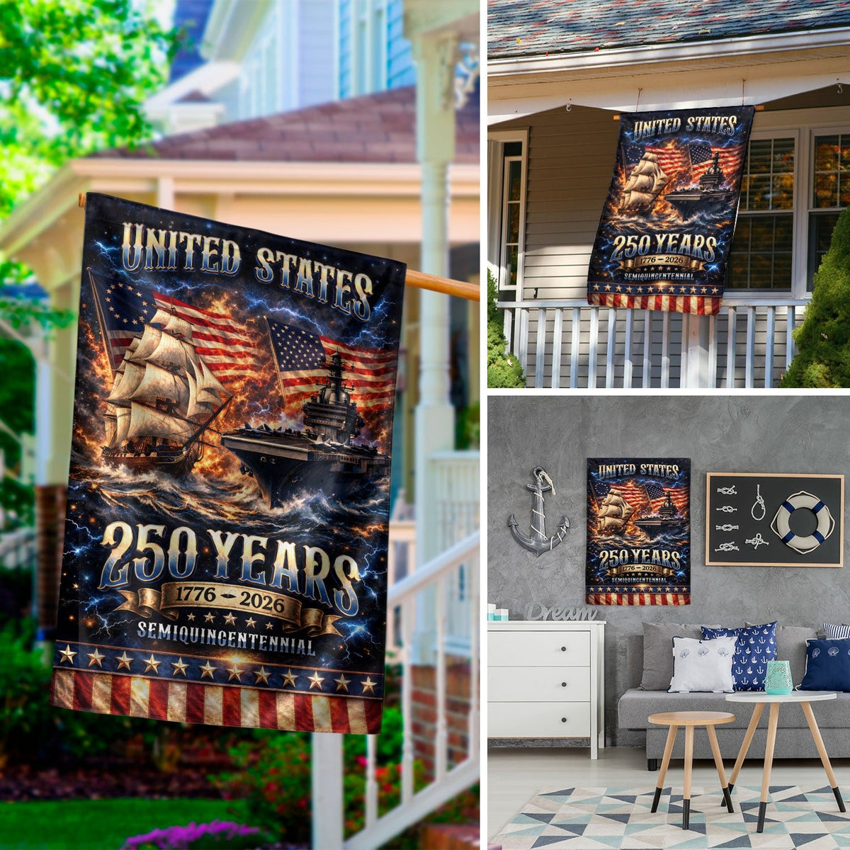 1776-2026 USA 250th Anniversary House Flag – Navy History & Modern Power Patriotic Double Sided Flag - Rust Field Wear