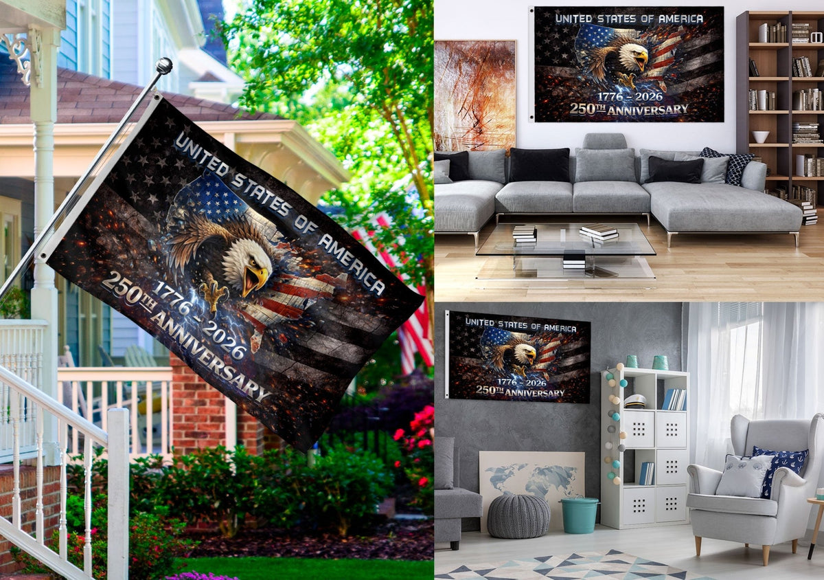 1776–2026 USA 250th Anniversary House Flag – Vintage Bootleg Eagle Lightning Patriotic Double Sided Flag - Rust Field Wear