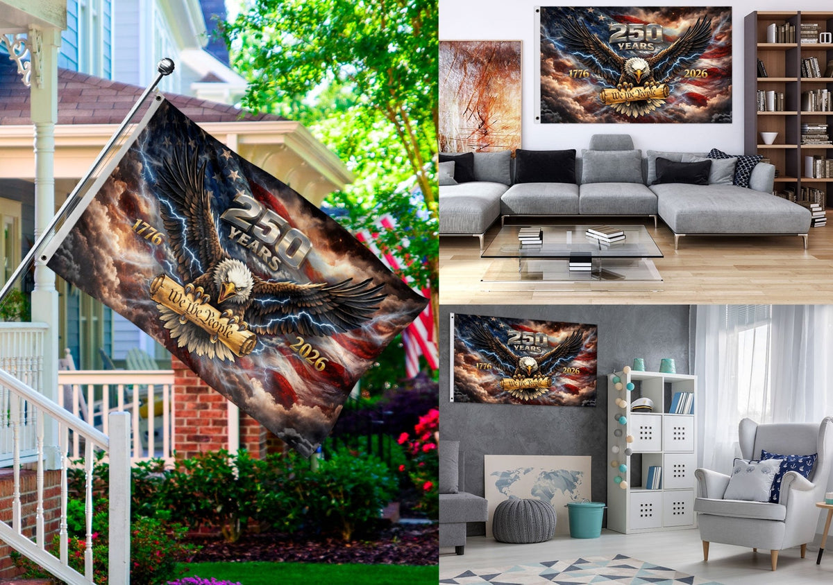USA 250th Anniversary 1776–2026 House Flag – Vintage Bootleg Eagle We The People Lightning Double Sided Printing - Rust Field Wear