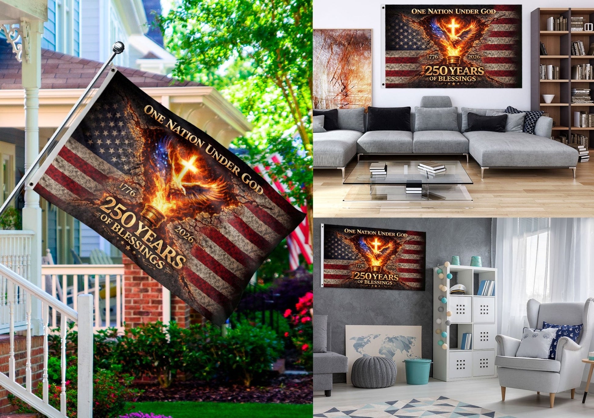 One Nation Under God 250 Years Flag 1776–2026 – Eagle & Cross Christian USA Double Sided House Flag - Rust Field Wear
