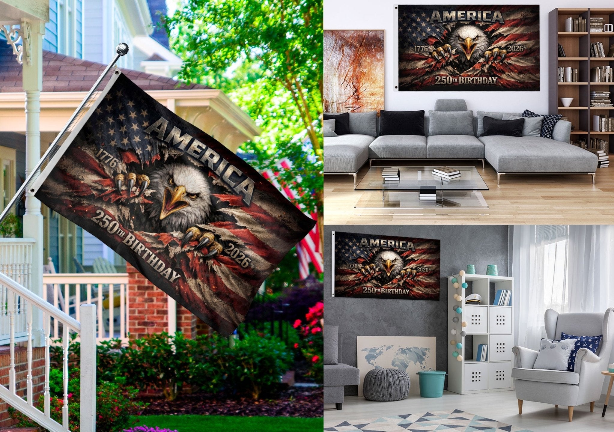 1776-2026 USA 250th Anniversary Flag – Patriotic Eagle Double Sided House Flag - Rust Field Wear