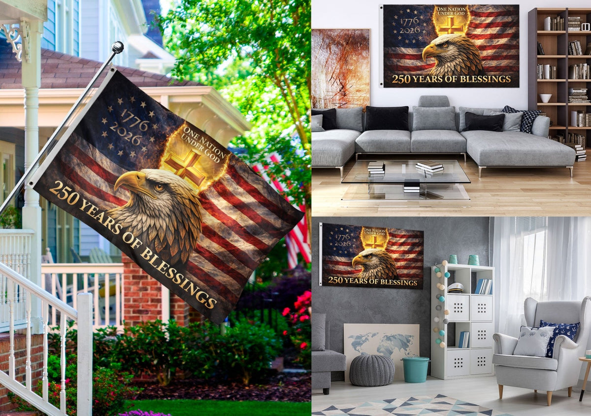 USA 250th Anniversary Eagle Flag 1776-2026 – One Nation Under God Christian Cross Double Sided Patriotic House Flag - Rust Field Wear