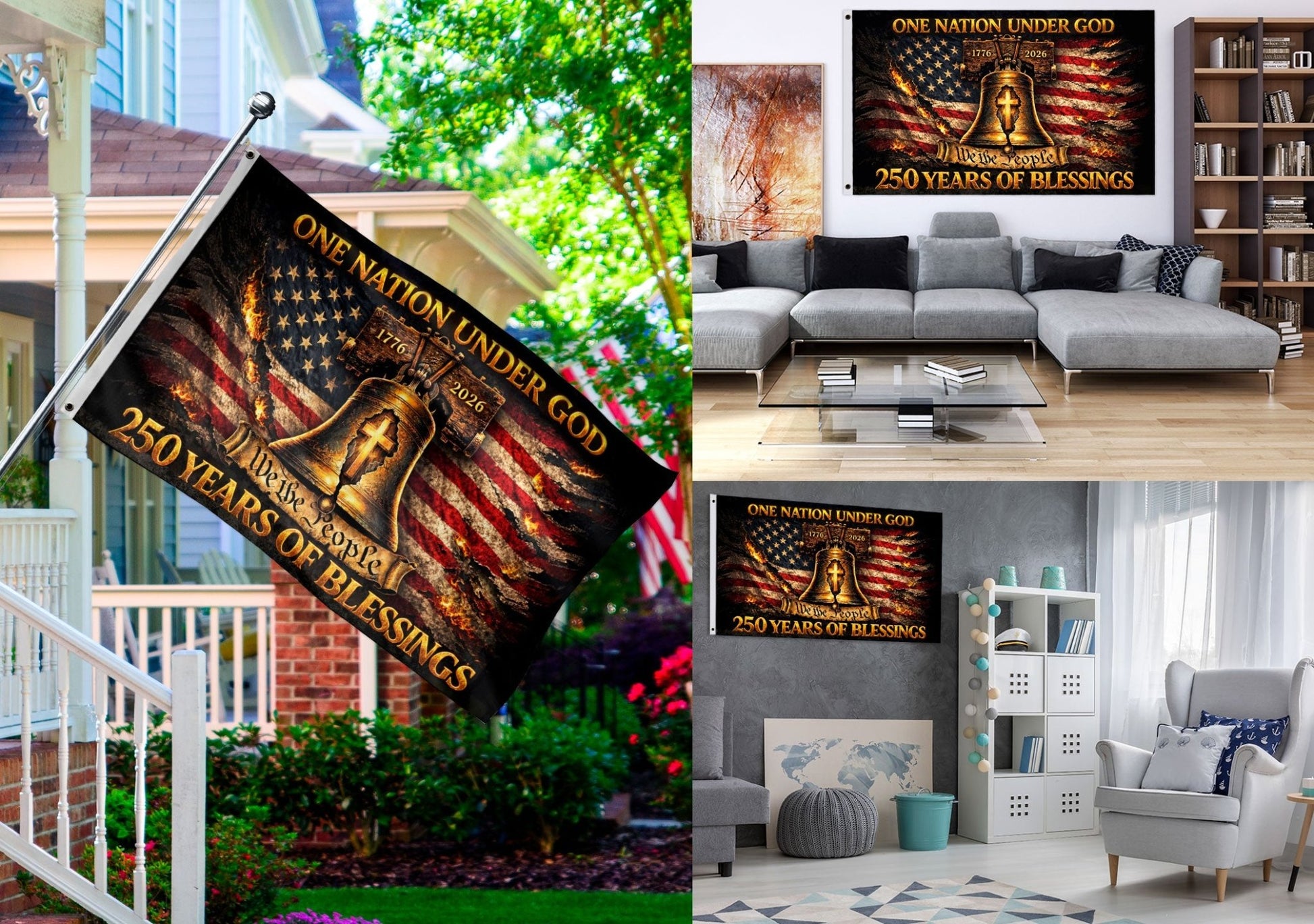 Patriotic Christian House Flag Liberty Bell Cross One Nation Under God We The People - Rust Field Wear