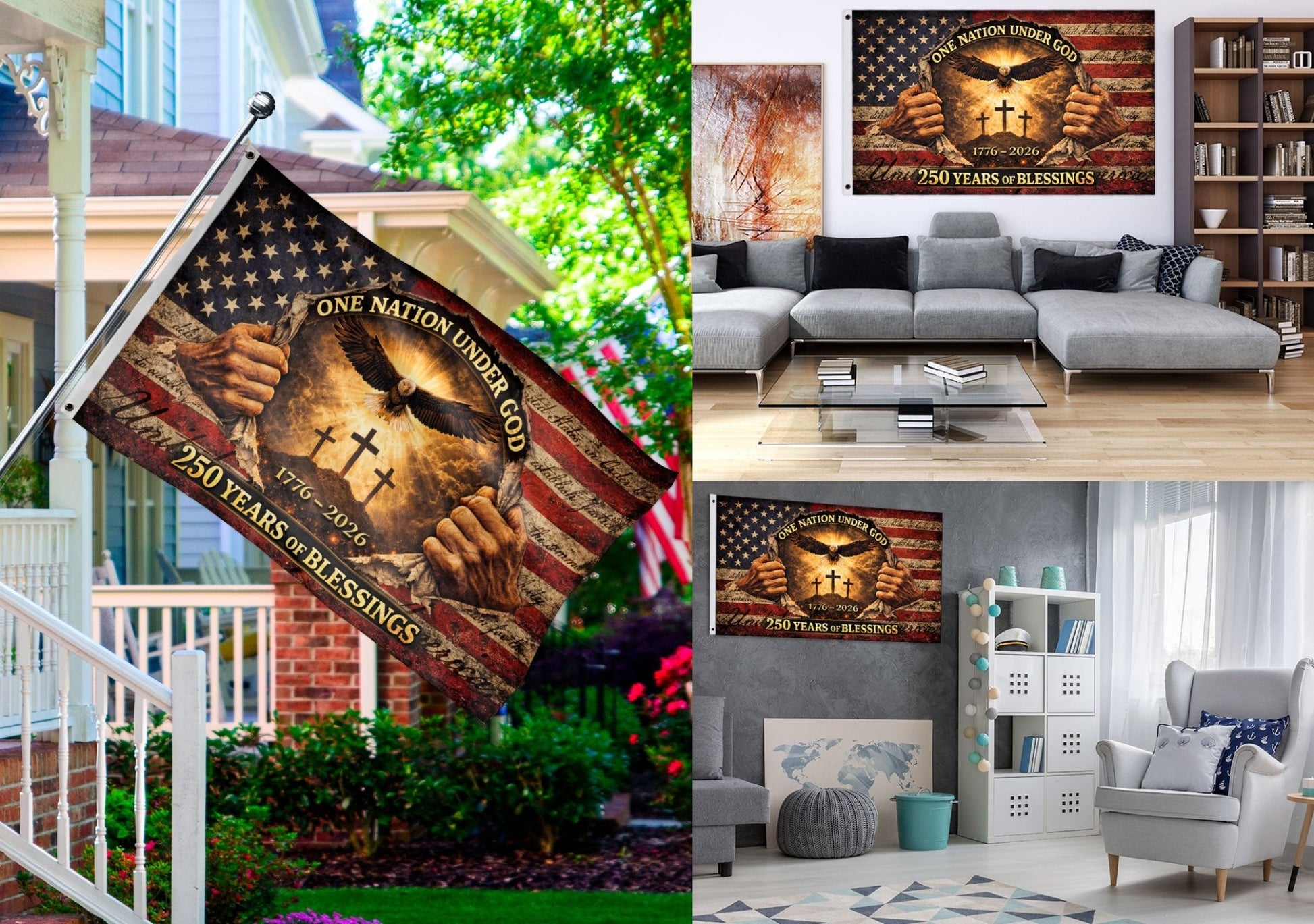 250 Years of Blessings Flag 1776-2026 One Nation Under God Christian American Eagle Banner 3x5ft - Rust Field Wear
