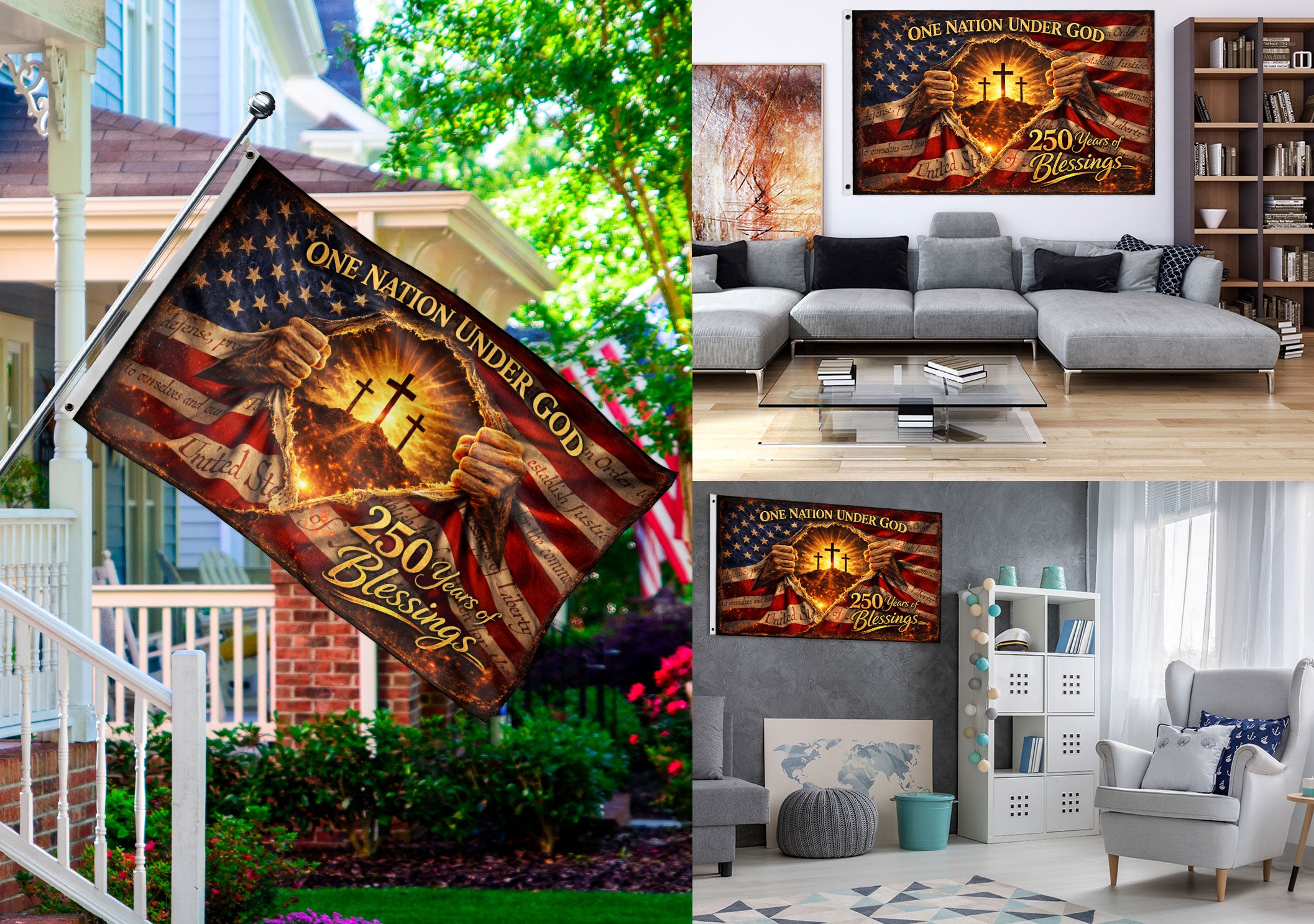250 Years of Blessings Flag One Nation Under God Christian Three Crosses Patriotic Banner 3x5ft