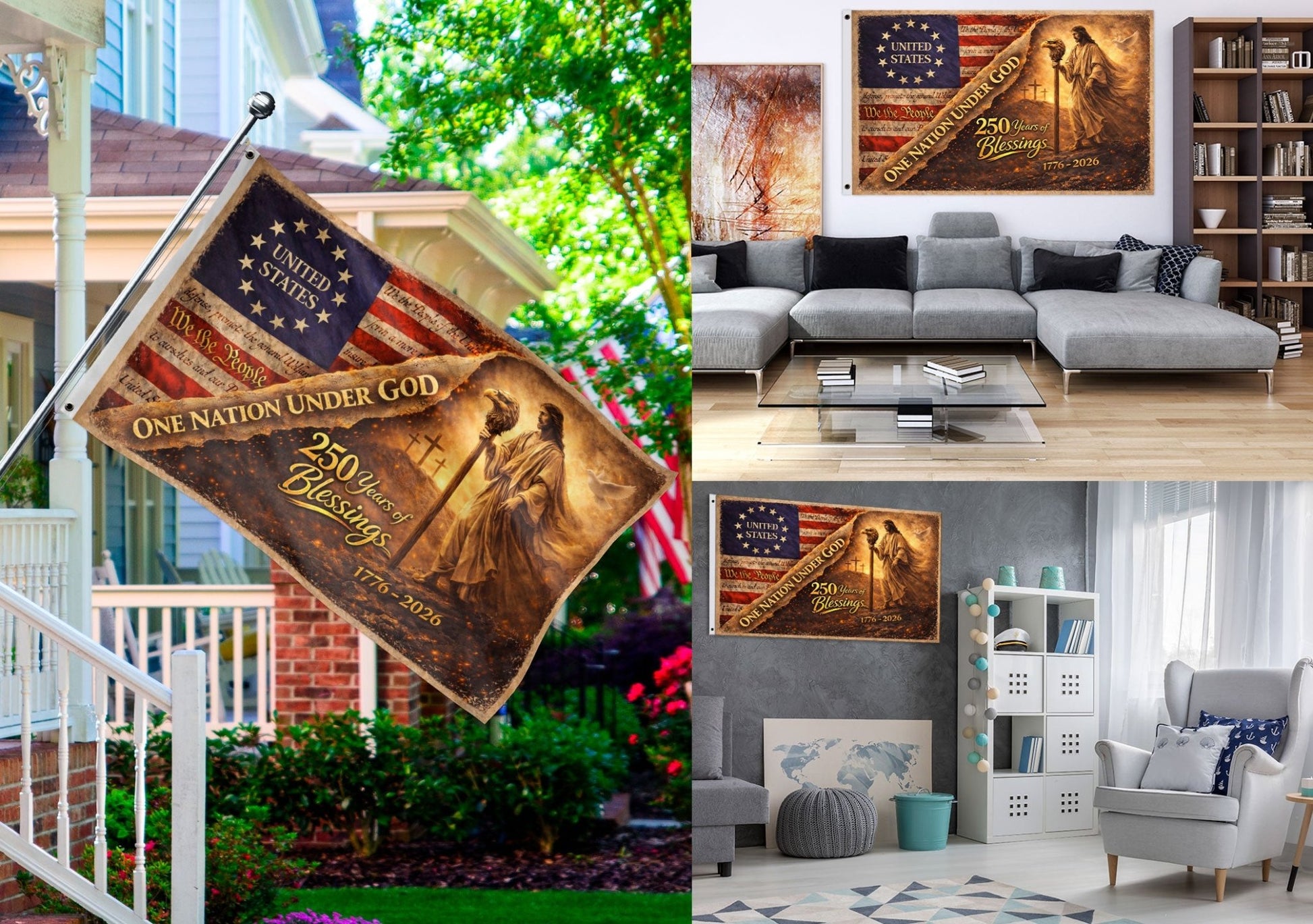 One Nation Under God 250th Anniversary USA House Flag 1776–2026 Jesus Patriotic 250 Years Blessing Flag - Rust Field Wear
