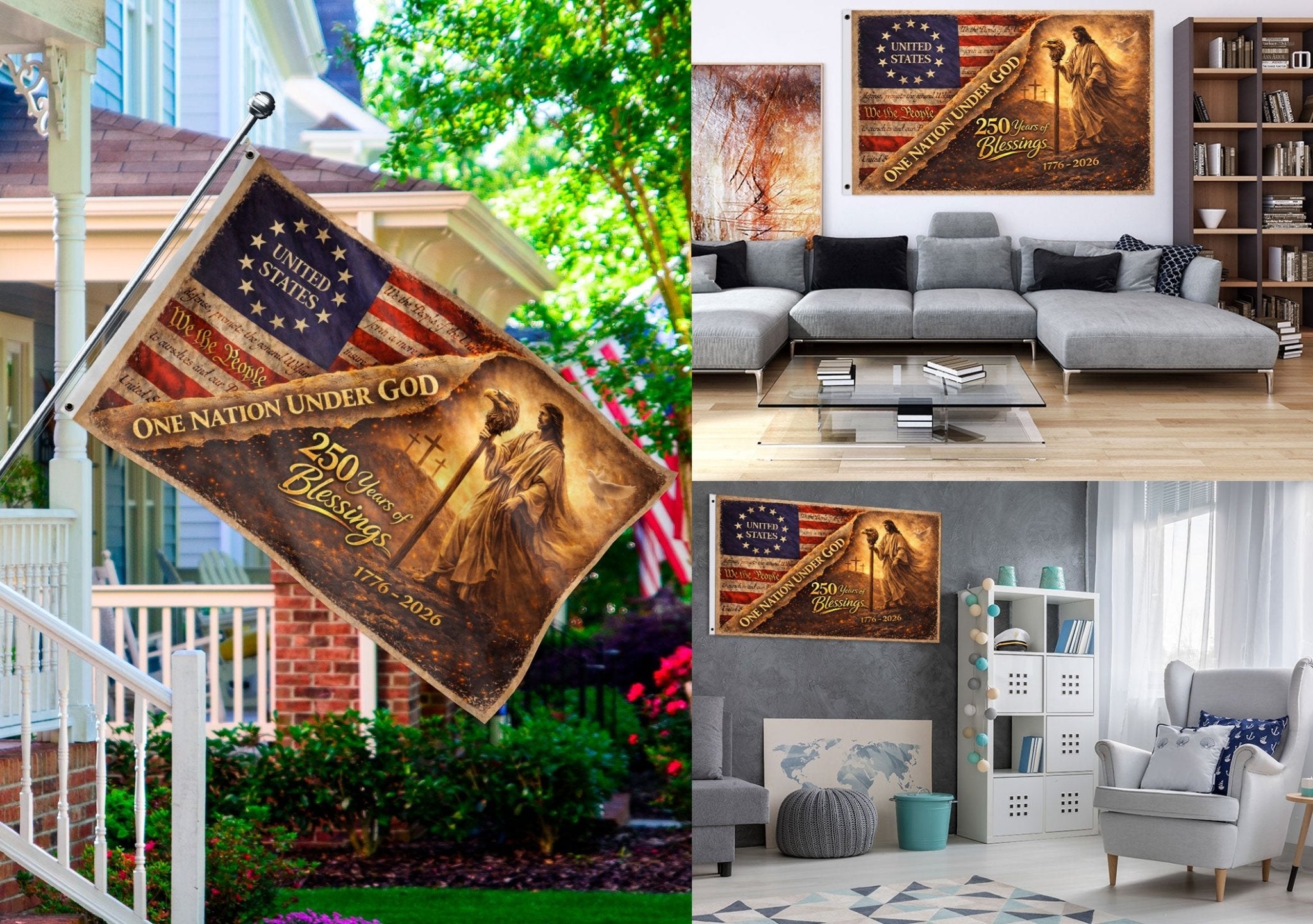 One Nation Under God 250th Anniversary USA House Flag 1776–2026 Jesus Patriotic 250 Years Blessing Flag - Rust Field Wear