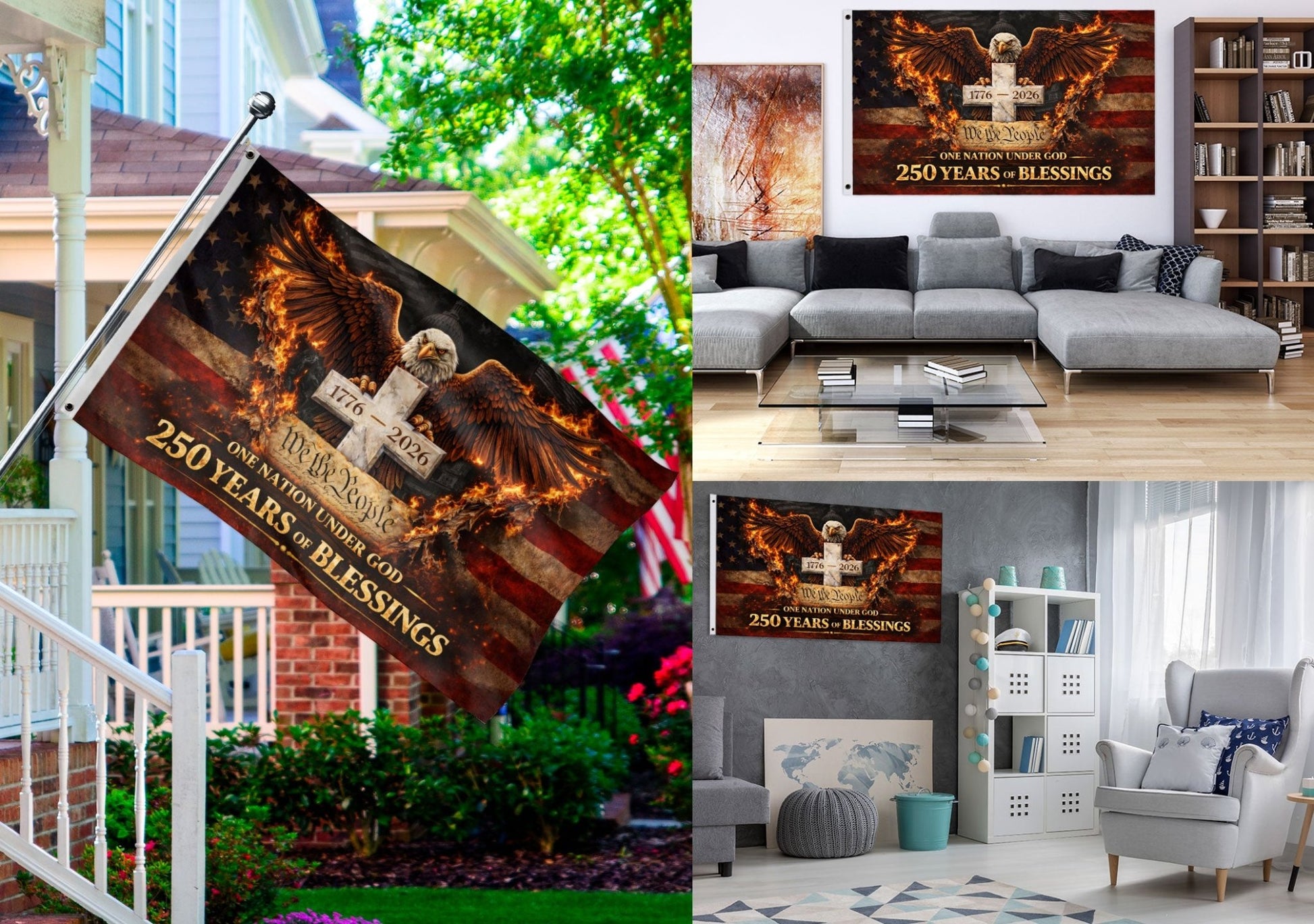 250 Years of Blessings Flag 1776-2026 We The People Christian Eagle Cross USA Banner 3x5ft - Rust Field Wear