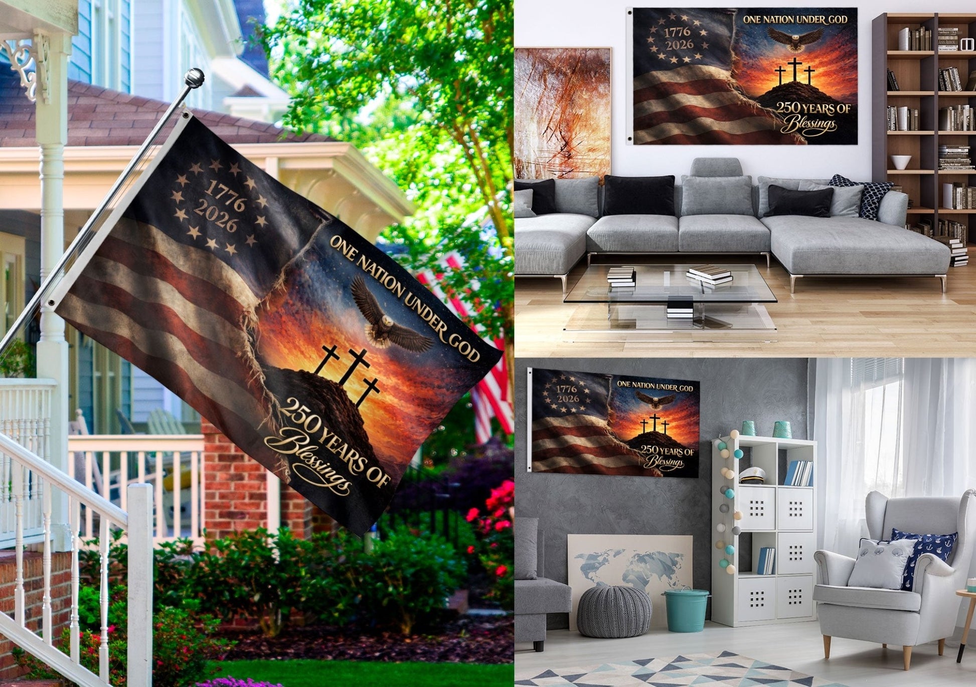 250th Anniversary USA Christian House Flag Three Crosses One Nation Under God Decor - Rust Field Wear