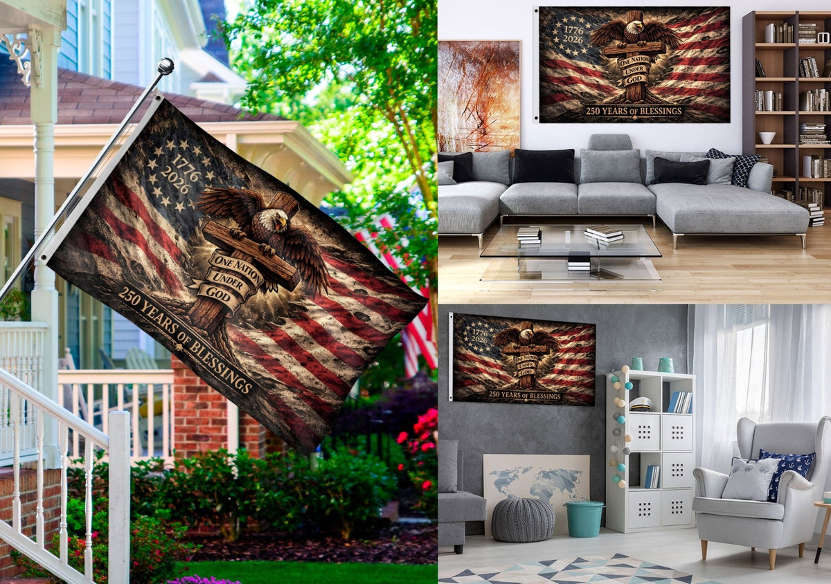 Patriotic Christian House Flag One Nation Under God Eagle Cross 250 Years Blessings 1776-2026 - Rust Field Wear