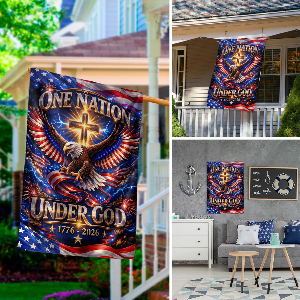Christian One Nation Under God 250th Anniversary USA Garden Flag 1776–2026 Eagle Cross Patriotic Faith Design - Rust Field Wear