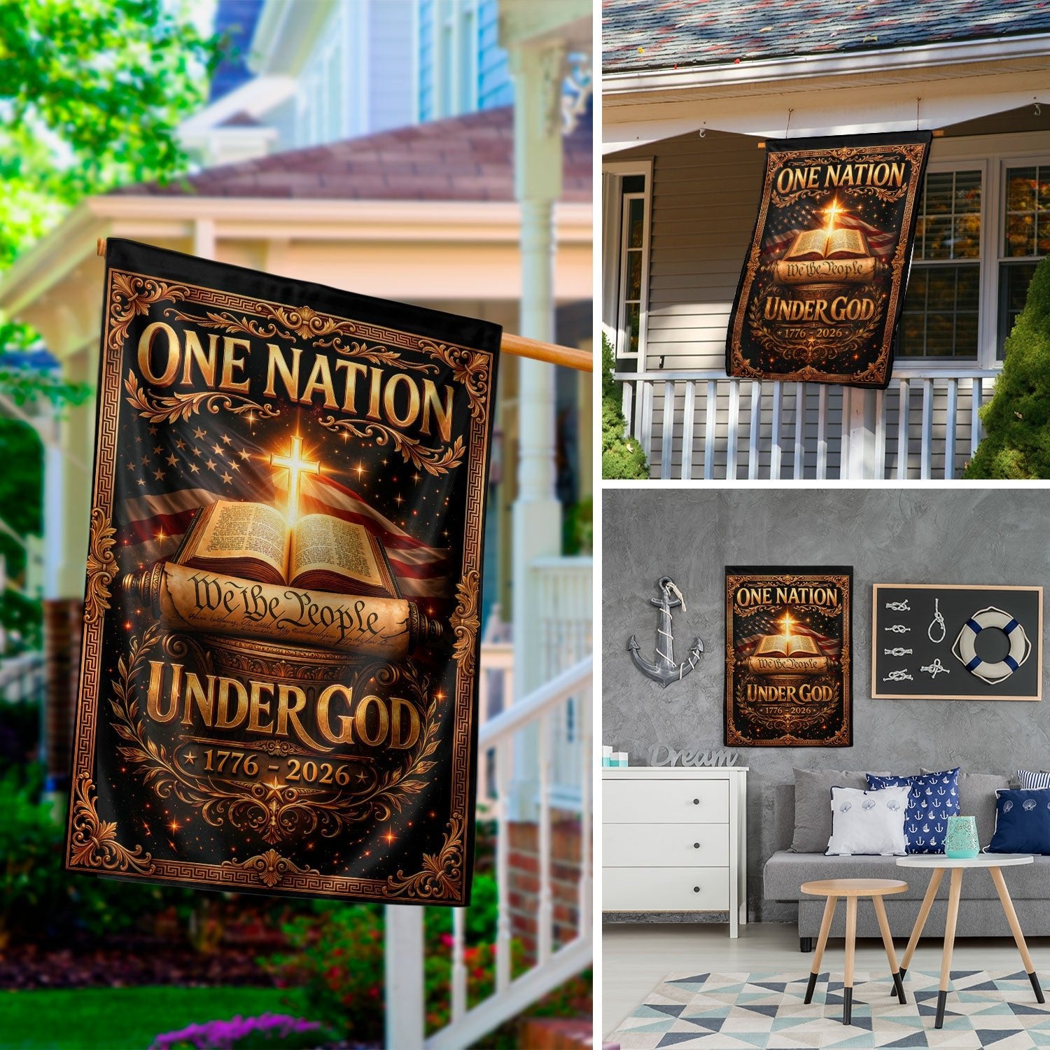 Christian One Nation Under God We The People 250th Anniversary USA House Flag 1776–2026 Bible Cross Patriotic Banner - Rust Field Wear
