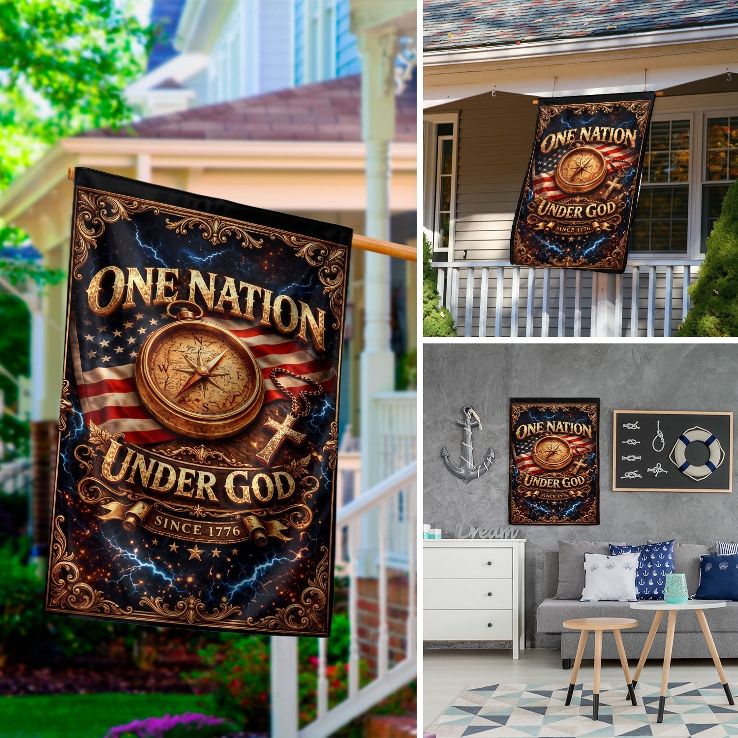 Christian One Nation Under God Since 1776 250th Anniversary USA House Flag Compass Cross Patriotic Faith Design - Rust Field Wear